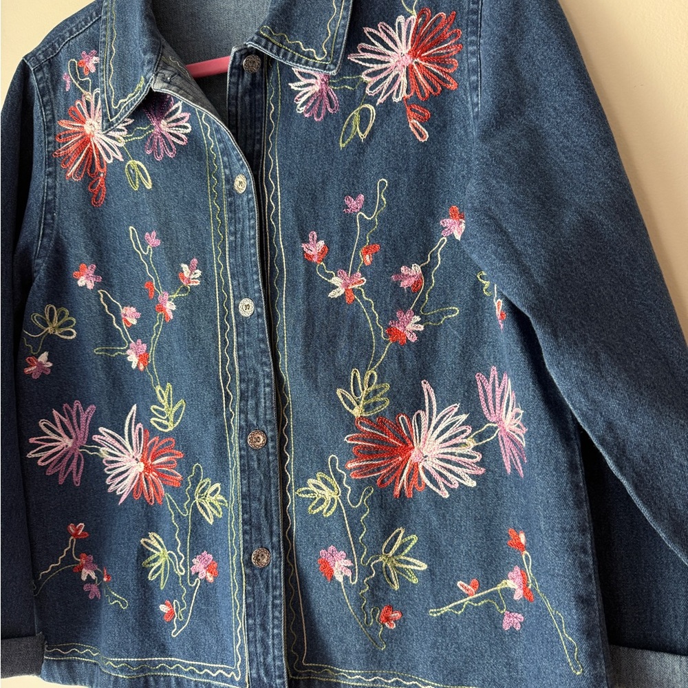 Vintage Embroidered Floral Denim Button Down Shirt - Picture 2 of 8
